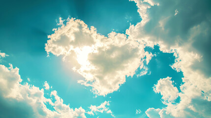 Romantic cloudy sky at the sunset with heart shaped clouds. Love concept. Generative AI