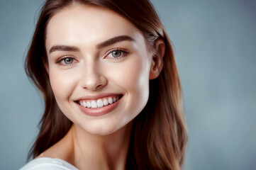 Beauty portrait of a smiling woman with a smile on her white teeth. Banner for dentistry. Copy space