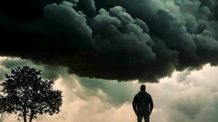 dark clouds going over the man, the concept of challenges, problems, obstacles, mental health and resilience