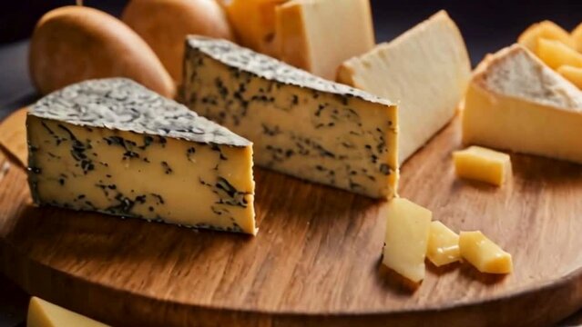 types of cheese and bread on the wooden board