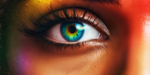 Fototapeta premium Multicolored human eye with a curious expression. AI-generated.