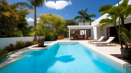 A cozy retreat, a luxurious contemporary style villa with a large swimming pool. Cozy solitude, relaxation, vacation