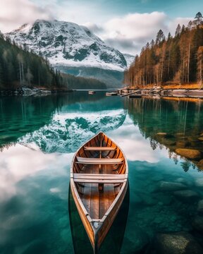 AI generated illustration of a wooden fishing boat on a tranquil lake surrounded by alps