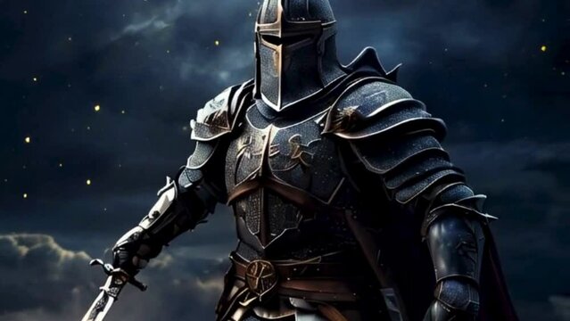 knight in armour with a long sword with night sky background