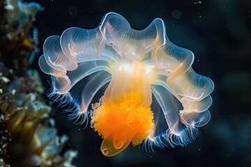 Fototapeta premium Serene beauty: captivating jellyfish in the underwater world, a mesmerizing display of aesthetics, tranquility, and marine elegance, perfect for serene aquatic imagery