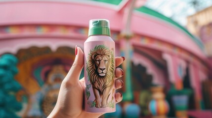 AI generated illustration of a person holding a thermo flask with a tiger picture on it - obrazy, fototapety, plakaty