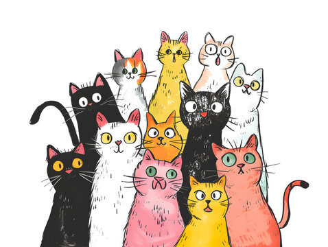 Illustration of funny group of surprised cats on white background