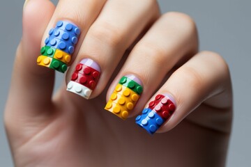 AI generated illustration of a woman with creative nails decorated with blocky art in bright colors