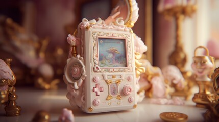 AI generated illustration of a pink gaming console atop a shelf, surrounded by other items