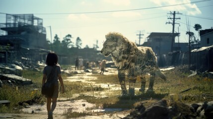 AI generated illustration of a young female in a vast grassy field with a holographic robotic lion