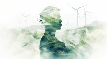 AI generated illustration of a female silhouette against windmills and green vegetation - obrazy, fototapety, plakaty