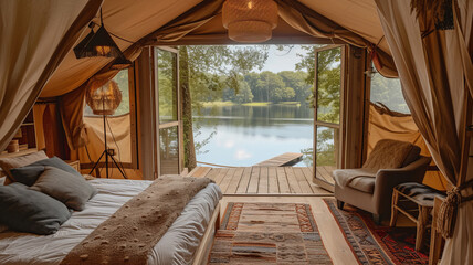 Elegant glamping tent interior with a view of the serene lake, a peaceful retreat, AI Generative.