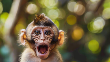 Fototapeta premium funny monkey. Comical animal making a funny face that's impossible not to chuckle at. Funny smiling animal. Perfect for lighthearted and amusing design projects.