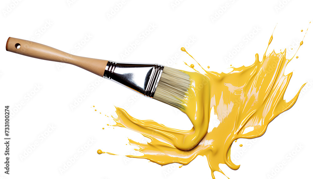 Wall mural paint brush and yellow paint splatter png. paintbrush with yellow paint isolated. Paintbrush png. Yellow paint png. Brush for painting the walls with yellow paint pong