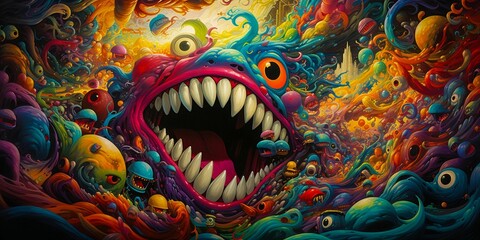 AI generated illustration of an abstract painting of a large open mouth with menacing monsters - obrazy, fototapety, plakaty