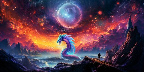 AI generated illustration of a majestic dragon at night, illuminated by stars - obrazy, fototapety, plakaty