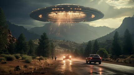 Fototapeta na wymiar AI generated illustration of road with a car driving along and a flying saucer hovering above it