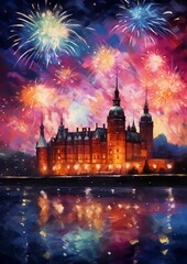 Fototapeta na wymiar AI generated illustration of a palace situated on the water with a backdrop of colorful fireworks