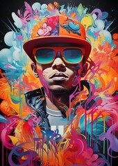 AI generated illustration of graffiti art of a male face with sunglasses and a cap