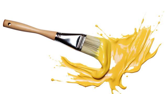 paint brush and yellow paint splatter png. paintbrush with yellow paint isolated. Paintbrush png. Yellow paint png. Brush for painting the walls with yellow paint pong - Powered by Adobe