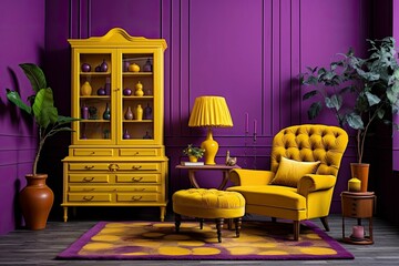 AI generated illustration of a luxurious living room with vibrant purple walls and yellow furniture
