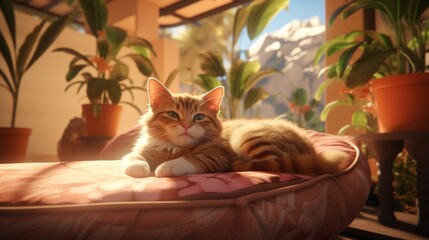 Relaxed cat reclining on a cushioned oasis. - obrazy, fototapety, plakaty