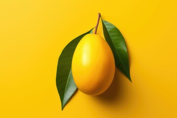 a ripe mango with leaf on top against a yellow background