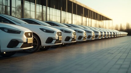 Row of Performance Sports Cars at Dealership in Morning Light, Dynamic Automotive Elegance