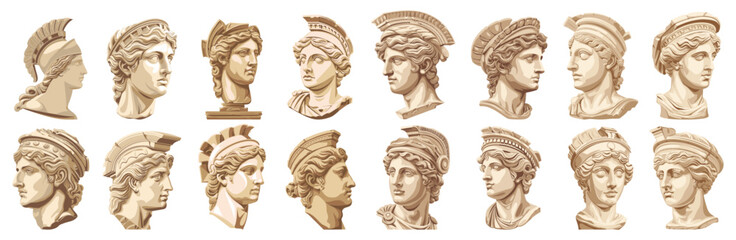 set of ancient greece head statue. isolated on transparent background.
