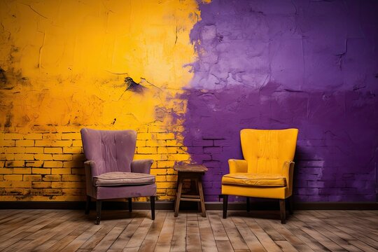two yellow and purple accent chairs in front of a brightly colored purple and yellow wall