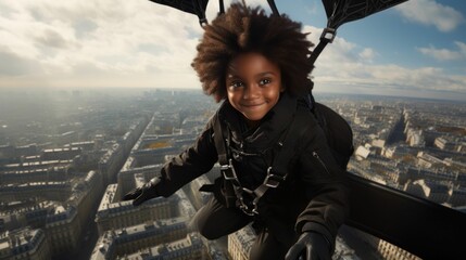 AI generated illustration of a young boy with curly soaring above a vibrant cityscape - obrazy, fototapety, plakaty