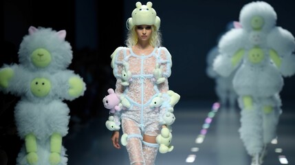 AI generated illustration of a model on a runway adorned with soft and cuddly stuffed animals