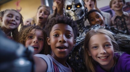 Fototapeta premium AI generated illustration of a group of students taking selfies with a robotic assistant