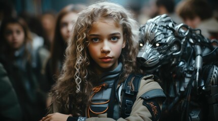 Fototapeta premium AI generated illustration of a young girl with a humanoid robot model