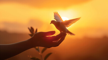 A dove of peace ascends from a hand against a golden sunset backdrop AI Generative.