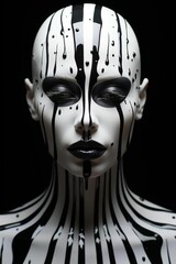 Portrait of a bald woman with her face painted with black and white paint, AI-generated.