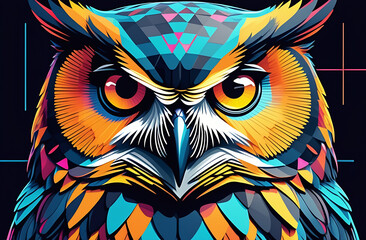 illustration of owl n 1980's style, bright colours