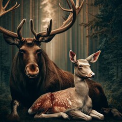 Illustration of a brown elk and a white deer in a peaceful forest setting
