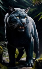 Naklejka na ściany i meble AI generated illustration of A powerful, wild feline standing in a lush jungle setting