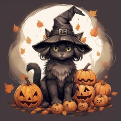 AI generated illustration of a cartoon cat in a witch costume sitting in front of pumpkins
