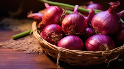 AI generated illustration of a basket filled with fresh red onions on a wooden table