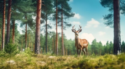 Naklejka na ściany i meble AI-generated illustration of a deer standing in a sunlit forest