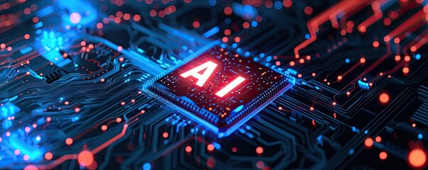 Electronic circuit with chip processor in center with AI sign. CPU concept.