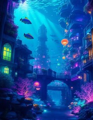 AI-generated illustration of an underwater city with vibrant and luminous streets and structures