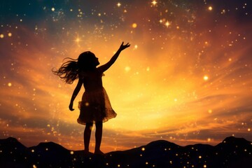 AI generated illustration of a silhouette of a young girl on a glowing night background