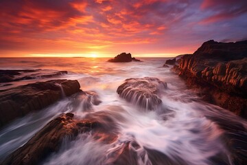 Obraz premium AI generated illustration of a mighty ocean wave crashing against dark brown rocks at sunset