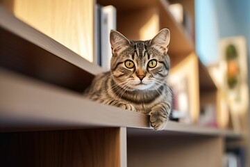 AI-generated illustration of A striped tabby cat is resting comfortably on a book shelf