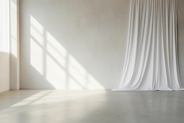 Fototapeta premium White curtain on a clean white wall illuminated by natural light. AI-generated.