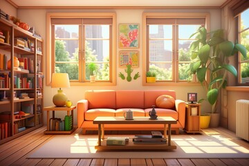 Cartoon-style small living room with a couch and a coffee table. AI-generated.