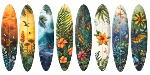 Fotobehang Vintage summer surf design with colorful surfboards, palm trees and waves for a tropical beach vibe. © Iryna